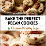 Close-up of butter shortbread pecan cookies with roasted pecans, styled for holiday baking and Christmas desserts.